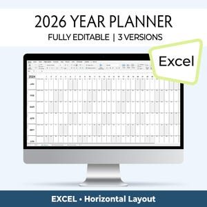 2026 Year Planner, Fully Editable Excel Spreadsheet (Digital Download)