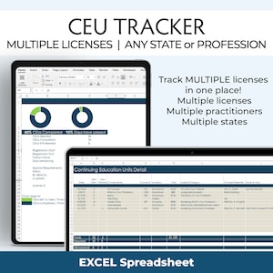Excel-spreadsheet voor permanente educatie voor meerdere licenties, CEU-logboek voor praktijkmanagers of iedereen die tot 12 licenties bijhoudt