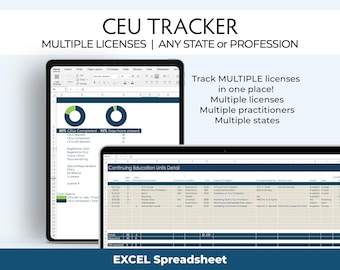 May include: A screenshot of a spreadsheet program showing a spreadsheet with the title "Continuing Education Units Detail". The spreadsheet has columns for date, CEUs, course, location, cost, and more. The spreadsheet is used to track continuing education units for professionals.