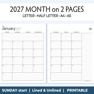 Puede incluir: Un diseño de calendario mensual para 2027 en dos páginas que comienza en domingo. El texto dice 2027 MONTH on 2 PAGES, LETTER, HALF LETTER, A4, A5, January 2027 y SUNDAY start | Lined & Unlined | PRINTABLE. Presenta casillas de cuadrícula.