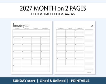 May include: A 2027 monthly calendar planner layout spanning two pages with a Sunday start. The text reads 2027 MONTH on 2 PAGES, LETTER, HALF LETTER, A4, A5, January 2027, and SUNDAY start | Lined & Unlined | PRINTABLE. It features grid boxes.