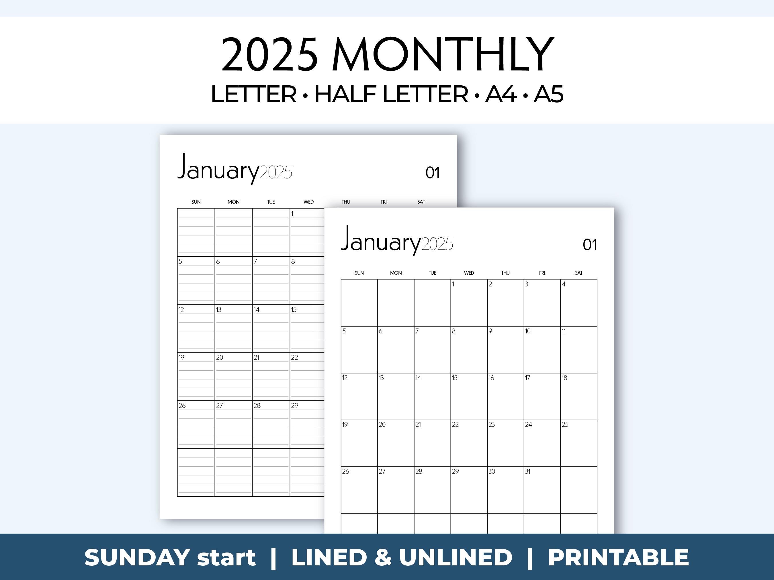 2025 Monthly Calendar, Printable Insert, Minimalist Lined & Unlined