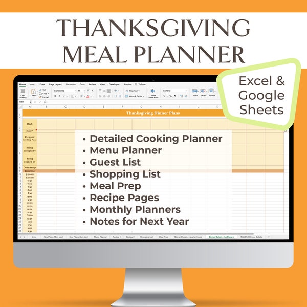 Meal Planner Spreadsheet for Thanksgiving, Friendsgiving Dinner. Menu, Recipes, Prep and Shopping Lists, Holiday meal plan & organizing