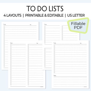 To Do Lists, Printable on Letter, editable fillable PDF, minimalist planner insert templates for errands, grocery, tasks, chores, 4 layouts