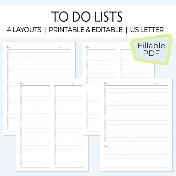 To Do Lists, Printable on Letter, editable fillable PDF, minimalist planner insert templates for errands, grocery, tasks, chores, 4 layouts