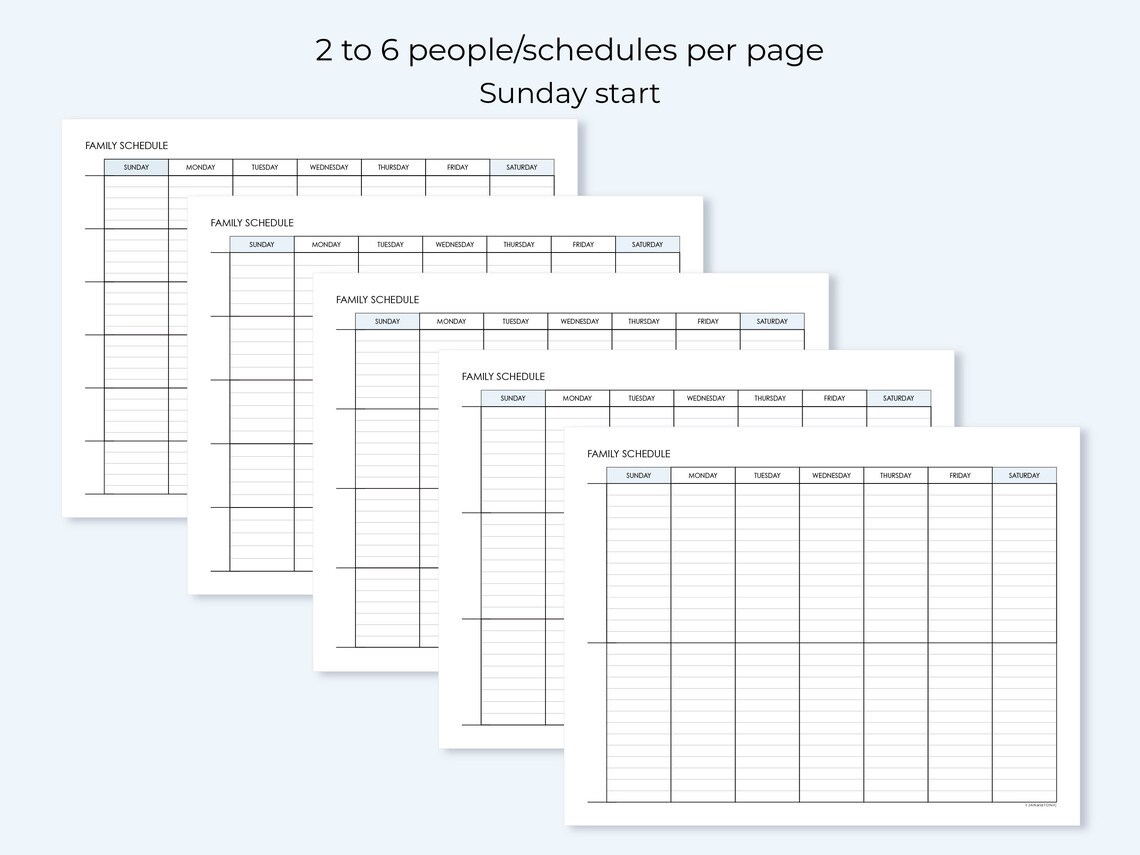 Printable Weekly Family Schedule, Spaces to Plan for 2 to 6 People ...