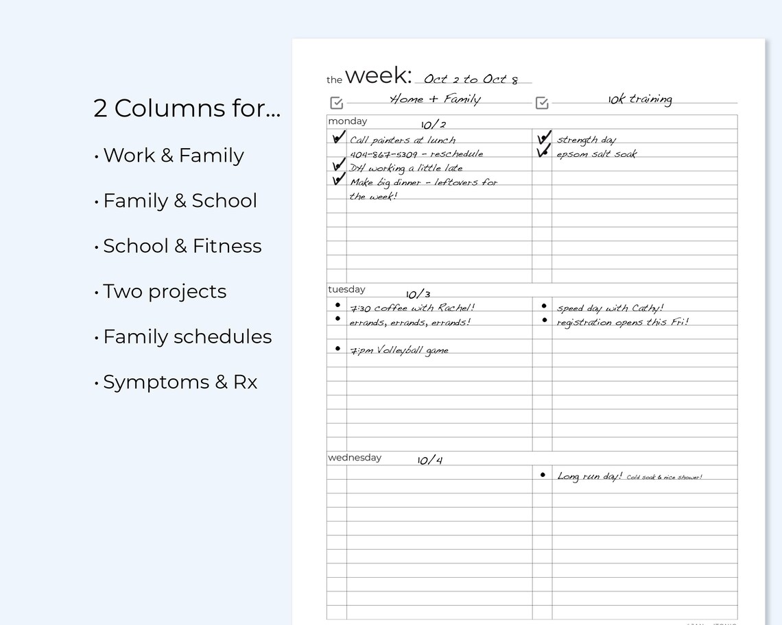 Printable Weekly Planner, Undated Week on 2 Pages, Two-column Layout ...
