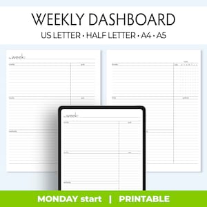 Peut inclure: Planificateur de tableau de bord hebdomadaire imprimable avec des sections pour les objectifs, les listes de tâches, les notes et un journal de gratitude. Le planificateur est conçu pour les formats de papier US Letter, Half Letter, A4 et A5.