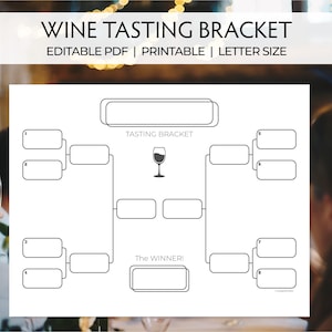 Może przedstawiać: Drukowany schemat degustacji wina w kolorze czarno-białym. Schemat jest sformatowany jak drabinka turniejowa z miejscem na porównanie ośmiu win. Zawiera tekst "Tasting Bracket" i "The Winner!"
