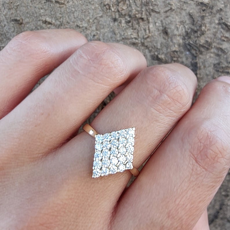 Gold Rhombus Diamond Ring, Art Deco Jewelry, Art Deco Diamond Ring, Gold Diamond Engagement Ring, 14k Rose Gold Diamond Ring, Multi Diamond image 5