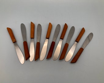 Wooden Handled Hors D'oeuvre/Cocktail Knives-Set of 10-Mid-Century