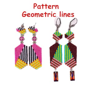 Könnte beinhalten: Zwei Paar Perlenohrringe mit dem Text Pattern Geometric lines. Das erste Paar zeigt geometrische Muster in Pink, Gelb, Schwarz und Weiß. Das zweite Paar zeigt kastanienbraune, grüne und gelbe Muster mit hängenden rechteckigen Kristallen.