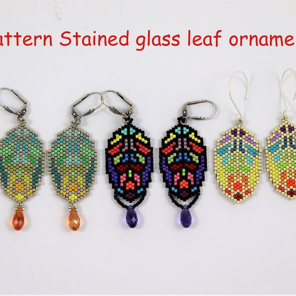 Pattern Diagram Pattern Stained glass leaf ornament in 3 different colors Peyote Stitch, Brick Stitch, Miyuki Delicas, Tiffany style