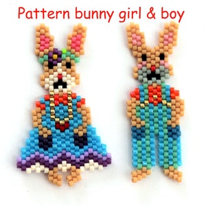May include: Two beaded bunny figures, one in blue and purple with a gold necklace, the other in blue and green with a red and gold waistcoat. The figures are made with colourful seed beads and are a pattern for beading.