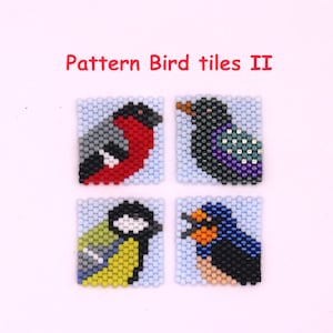 Beading pattern, diagram bird tiles, bullfinch, barn swallow, great tit, starling, Miyuki beads, word chart, peyote stitch