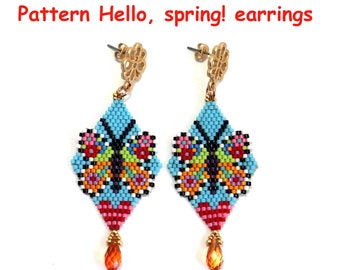 Hello spring rhombus pattern diagram butterfly brick stitch, word chart, beading, Miyuki, beads, delicas, colorful, sun and heart, earrings