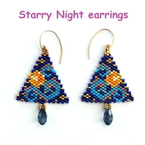 Pattern, pattern, diagram &quot;Starry Night Earrings&quot; Miyuki beads, beading, wordchart, peyote, brick stitch, Christmas tree, triangle