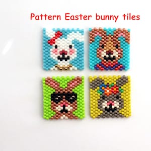 May include: Four colorful square bead sprites of Easter bunnies. The bunnies are wearing different colored hats and have different colored eyes. The sprites are on a white background.  Pattern Easter bunny tiles.