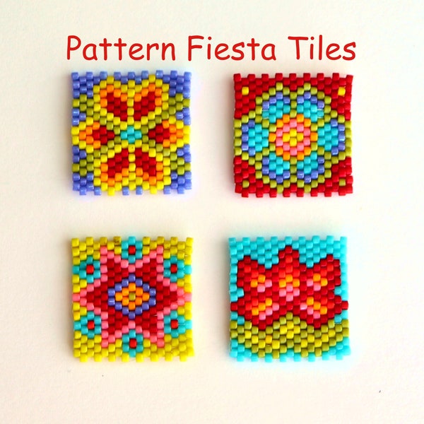 Beading pattern diagram "Fiesta Tiles" flower, star, lotus, peyote stitch, squares for earring, bracelet, pendant, Miyuki beads