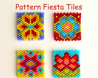 Pattern diagram "Fiesta Tiles" flowers stars lotus beading peyote stitch, squares for bracelet, earrings, necklace Miyuki beads