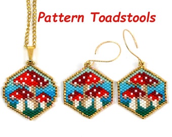 Muster Pattern Diagramm Fliegenpilz toadstools Hexagon und Ornament für Ohrringe, Anhänger etc., Miyuki, Peyote, Brick stitch, Perlen