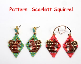 Pattern, Muster, Diagram &quot;Scarlett Squirrel&quot;, süße Eichhörnchen, Beading, Ohrringe, Rhombus, Brick Stitch, Miyuki Delicas, English language