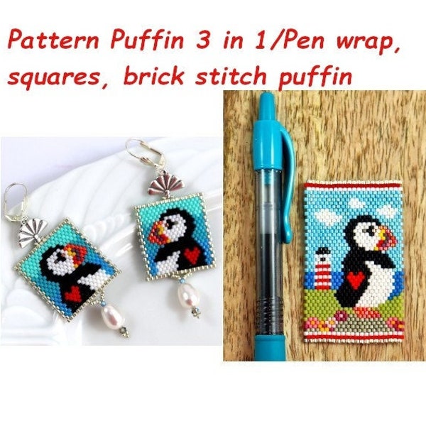 Pattern, Diagram "Puffin 3 in 1" pen wrap, English, Seaside, peyote stitch, earrings, brick stitch, Miyuki, Perlen, beading