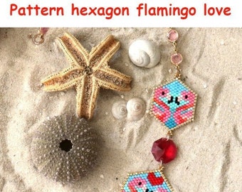 Pattern, Muster, Diagramm Hexagon Flamingo love, English language, 2 Größen, beading, Miyuki delicas, word chart, Perlenfädeln
