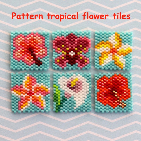 Pattern Diagram Tropical flower tiles, English language, beading, odd count peyote, Miyuki, Plumeria, Calla, Orchid, Hibiscus, Flamingo