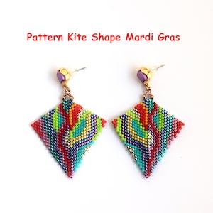 May include: A pair of kite-shaped earrings with a Mardi Gras pattern. The earrings are made of colorful beads in shades of red, green, blue, and yellow. The text "Pattern Kite Shape Mardi Gras" is above the earrings.