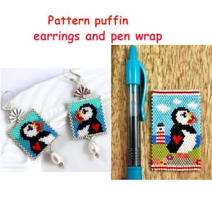 Beading pattern, diagram Puffin pen wrap, earrings, peyote stitch, brick stich, Miyuki beads