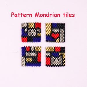 May include: Four square beaded tiles in a Mondrian-inspired design. Each tile features a unique abstract pattern with red, blue, black, gold, and silver beads. The text "Pattern Mondrian tiles" is in red above the tiles.