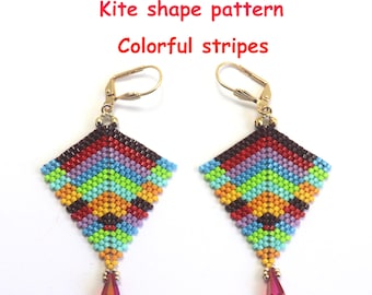 Pattern, Diagram, Instruction Kite shape earrings colorful stripes, English language, beading, Miyuki beads, peyote stitch, word chart