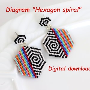 Peut inclure: Une paire de boucles d'oreilles en perles noires et blanches avec un motif de rayures arc-en-ciel. Les boucles d'oreilles sont en forme d'hexagones avec un motif en spirale au centre. Le texte "Diagram "Hexagon spiral"" et "Digital download" est visible sur l'image.