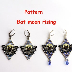 Pattern, pattern, Bat moon rising, English language bat, moon, brick stitch, diagram, Miyuki, earrings, 2 variants, Word chart