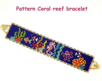 Bracelet diagramme de motif de perles Récif de corail, Miyuki, perles, délicas, point de peyotl, tableau de mots, anglais, hippocampe, poisson, poulpe