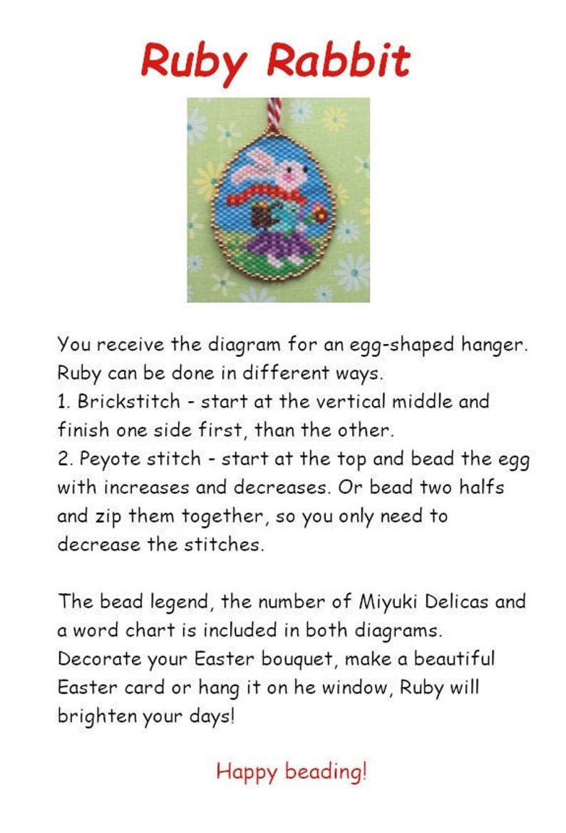 May include: A beaded egg-shaped ornament featuring a pink and white rabbit holding a flower. The ornament is surrounded by green and yellow beads, and has a red string attached to the top. The text "Ruby Rabbit" is written in red letters at the top of the image.