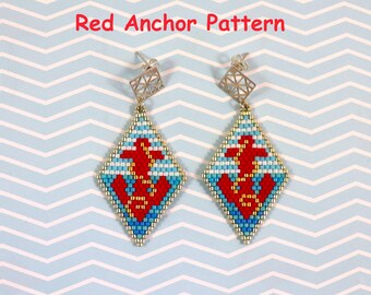 Red anchor rhombus pattern, diagram, earrings, English language, Miyuki beads, brick stitch, word chart, bead chart, ocean, beading