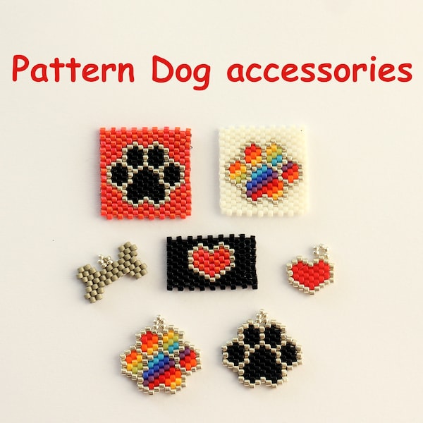 Dog accessories beading pattern English language, bone, paw print, heart, tiles, rainbow, Miyuki, beads, peyote stitch, word chart,