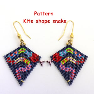 May include: A pair of handmade beaded earrings. Each earring is kite-shaped and features a colorful snake design on a dark blue background. The earrings have gold-colored hooks and the text "Pattern Kite shape snake".