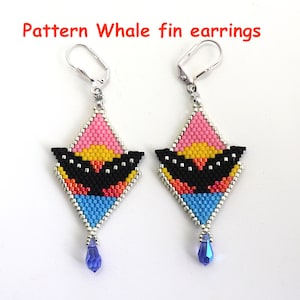 May include: Pair of beaded whale fin earrings. The earrings feature a pink, yellow, black, and blue pattern. Each earring has a silver-tone lever back and a blue teardrop bead at the bottom. The text "Pattern Whale fin earrings" is at the top.