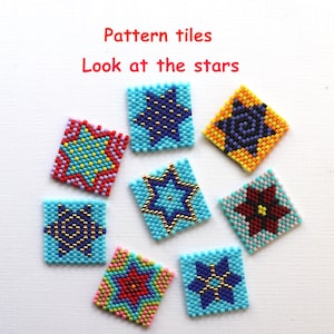 May include: A collection of square pattern tiles in various colors, each featuring a star design. The tiles are primarily blue, with accents of gold, red, yellow, and purple. The text "Pattern tiles Look at the stars" is in red.