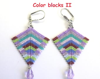 Pattern, Diagram, Instruction Kite shape earrings color blocks II, English language, beading, beads, Miyuki beads, peyote stitch, word chart