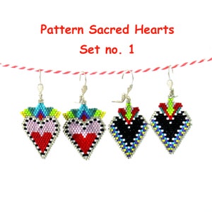 May include: Three pairs of beaded earrings with a heart shape design. The hearts are pink, red, and black with colorful bead accents. The earrings are labeled "Pattern Sacred Hearts Set no. 1".