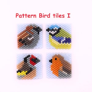 Kralenpatroon, diagram met vogeltegels, goudvink, roodborstje, koolmees, mus, Miyuki-kralen, woorddiagram, peyote-steek