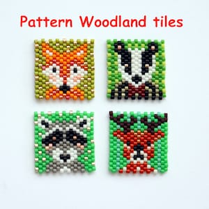 Pattern, Pattern,, Diagram "Woodland tiles" Raccoon, Badger, Deer, Fox Peyote, Beading, Miyuki Delicas, Word chart, Beads, Brick stitch