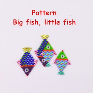 Könnte beinhalten: Drei fischförmige Perlenornamente mit dem Text Pattern Big fish, little fish. Die Ornamente sind aus kleinen, bunten Perlen in Blau-, Grün-, Lila-, Rosa- und Goldtönen gefertigt, die in geometrischen Mustern angeordnet sind.