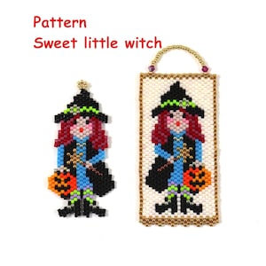 May include: A beaded pattern for a sweet little witch. The pattern includes a small witch holding a pumpkin and a larger witch in a frame.