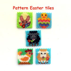 May include: Five colorful bead patterns for Easter, each depicting a different animal: a bunny, a chick, a lamb, a black sheep, and a hen. The patterns are on a white background and are labeled "Pattern Easter tiles".