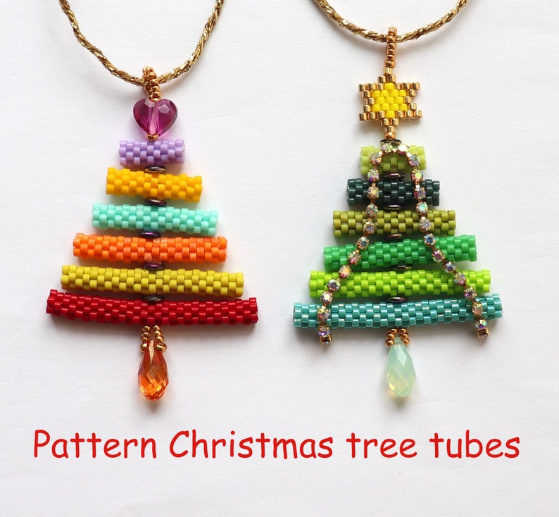 May include: Two beaded Christmas tree pendants. One is multi-coloured with a heart and teardrop charm. The other is green with a star and teardrop charm. Both are on gold chains. The text "Pattern Christmas tree tubes" is in red.